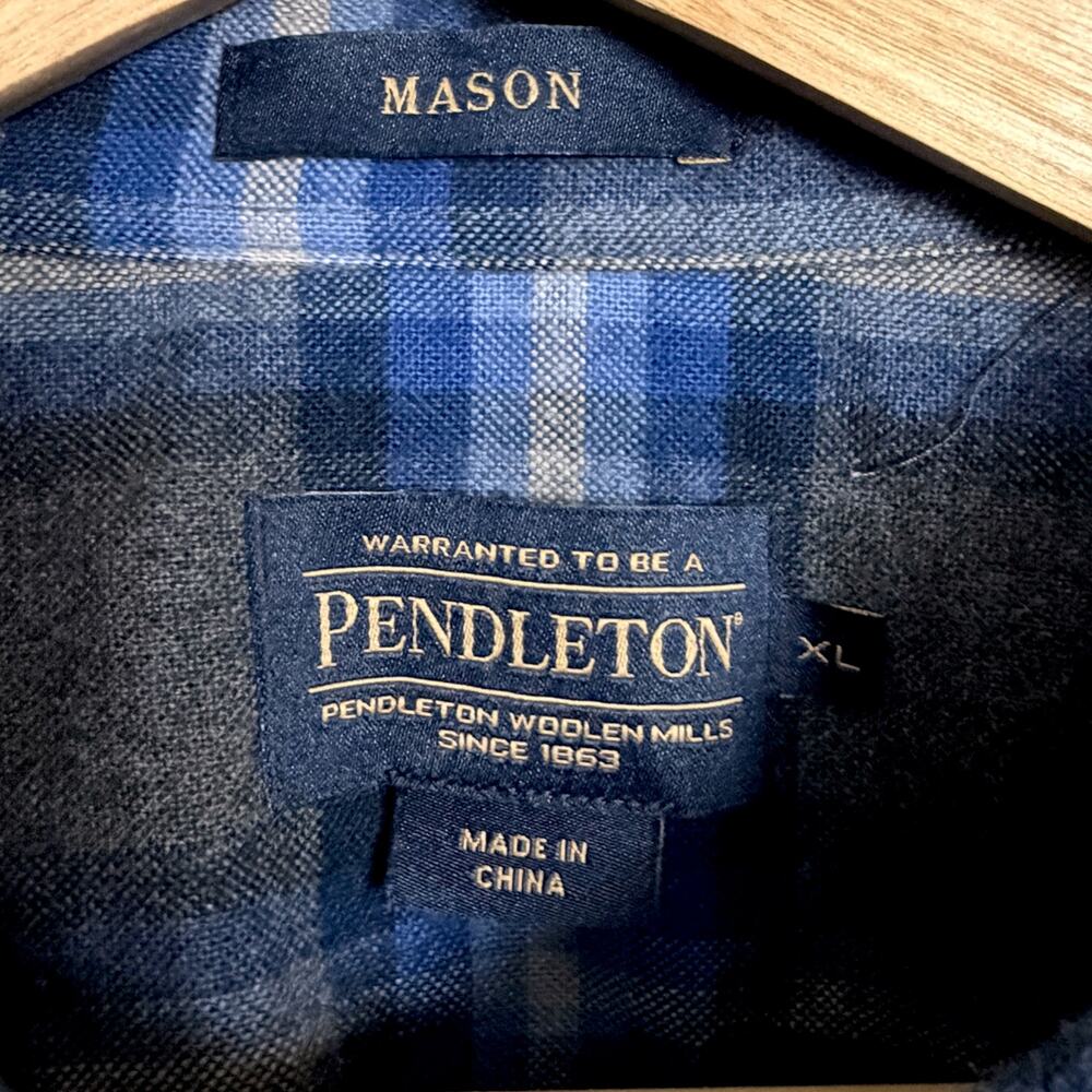Pendelton Mason Gray & Blue 100% Cotton Flannel Plaid Mens XL Button Down Shirt - Picture 5 of 8